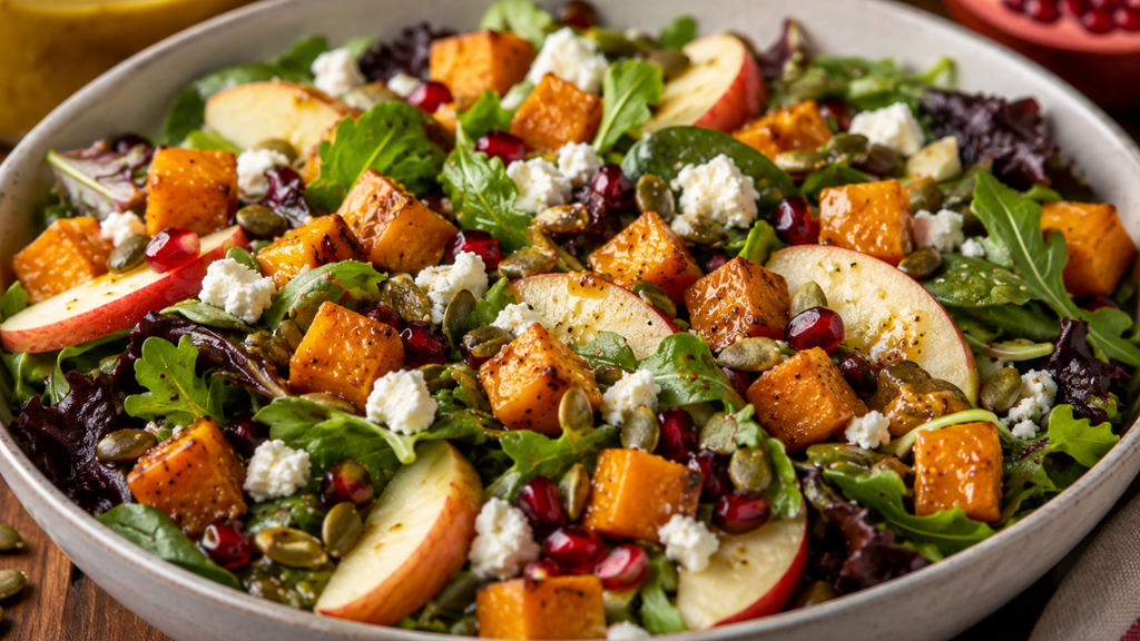 Maple roasted butternut squash and apple salad with goat cheese, pepitas and pomegranate seeds